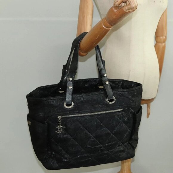 CHANEL Paris Biarritz MM Tote Bag Coated Canvas Black Silver CC Auth bs19293 - Picture 1 of 16